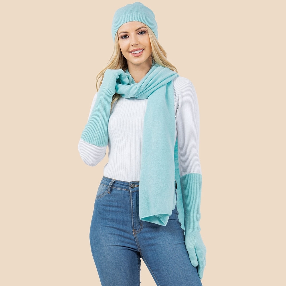 Light Blue Knit Gloves Beanie Hat and Scarf Set Winter Fashion Accessory 3PCS